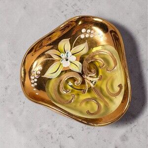 Vintage Amber Art Glass Trinket Dish Gold Gilt Hand Painted Enamel Floral Italy